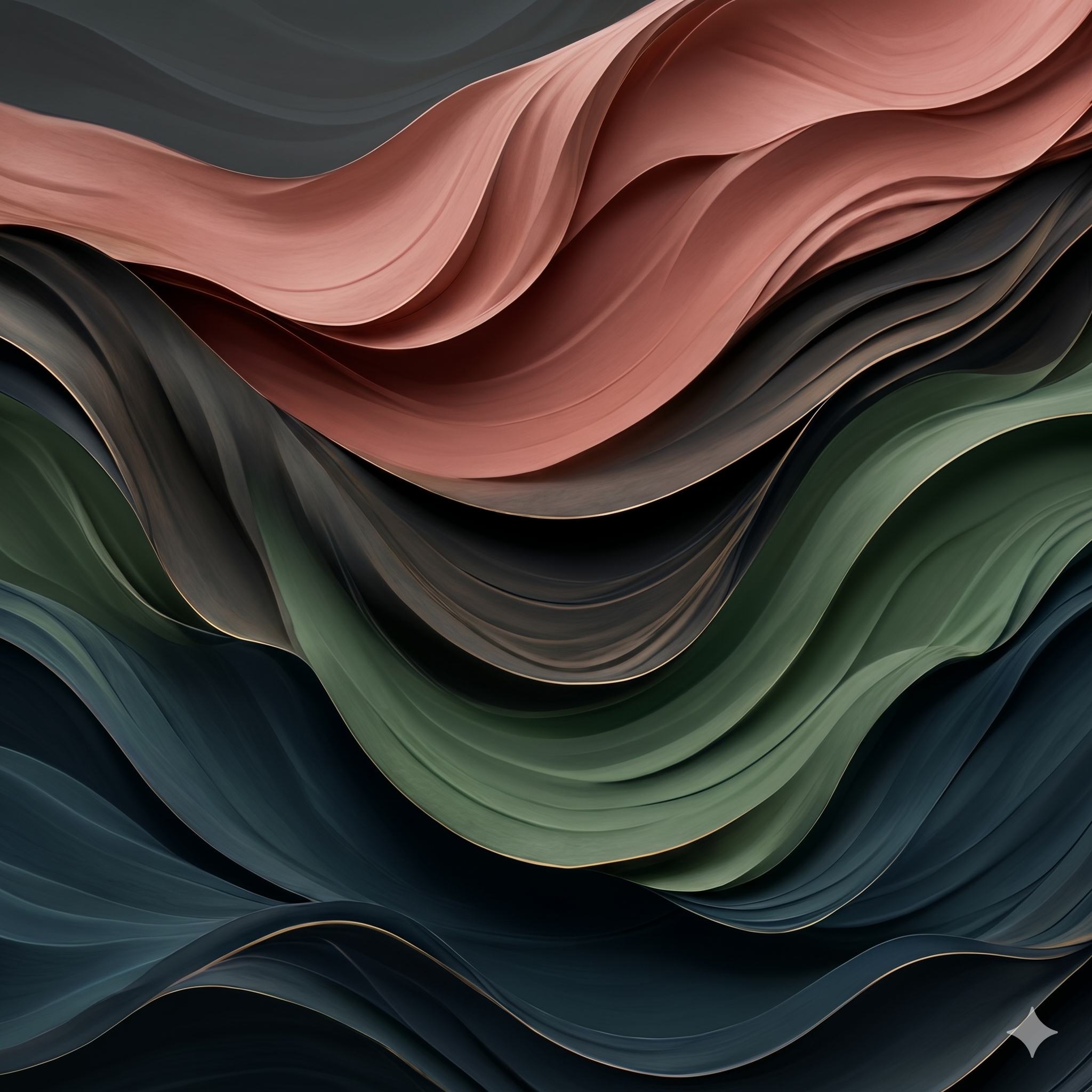 Abstract flowing waves of coral, sage green, and deep charcoal blue resin art
